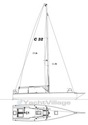 2024 Comuzzi Yachts C-32 Sport sailboat blueprint, side and top views.