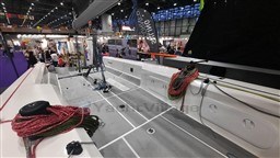 2024 Comuzzi Yachts C-32 Sport sailboat interior at a boat show.