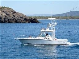 2009 Carolina Classic 28 boat cruising on blue ocean near rocky coastline.
