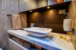 Manufacturer Provided Image: Luxurious bathroom interior of 2025 SACS Rebel 55 OB yacht with modern sink and lighting.