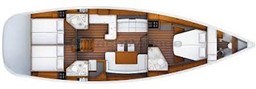 Floor plan of a 2011 Jeanneau 53 yacht, featuring cabins and living areas.