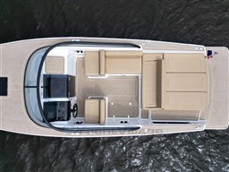 2024 VanDutch 32 Diesel yacht, aerial view, showcasing sleek design and spacious deck layout.