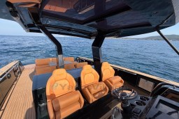 Luxurious 2022 Pardo Yachts P43 with elegant seating, cruising on open sea.