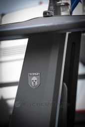 Close-up of a 2004 Wally 45 yacht with Brute emblem on the structure.