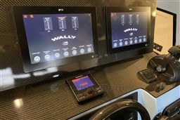 Control panel of a 2004 Wally 45 yacht with digital displays and navigation controls.