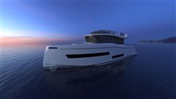2025 Pardo Yachts Endurance 60 cruising at sunset on calm waters.