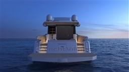 2025 Pardo Yachts Endurance 60 at sea, rear view at sunset.