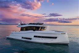 2025 Pardo Yachts Endurance 60 cruising at sunset on calm waters.