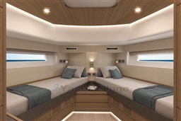 Luxurious twin cabin interior of 2025 Pardo Yachts Endurance 60, featuring modern design and ambient lighting.