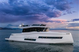 2025 Pardo Yachts Endurance 60 cruising at sunset with dramatic sky.