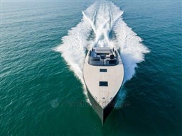 2025 VanDutch 56 yacht cruising on open water, showcasing sleek design and powerful performance.