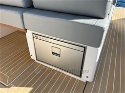Luxury seating and built-in cooler on 2023 Pardo Yachts 38 deck.