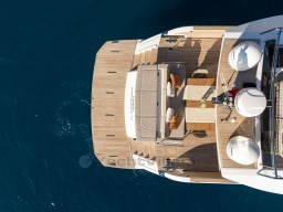 Aerial view of 2025 Pardo Yachts Endurance 72 luxury deck on blue ocean.