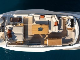 2025 Pardo Yachts Endurance 72, aerial view of luxurious deck with seating and dining area.