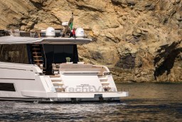 Luxury Pardo Yachts Endurance 72, 2025 model, cruising near rocky coastline.