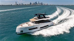 2025 Pardo Yachts Endurance 72 cruising on open water near city skyline.