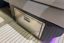 2026 Pardo Yachts 43 interior detail with Vitrifrigo appliance on teak flooring.