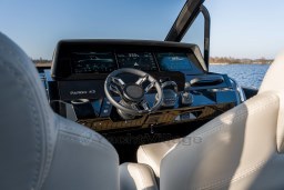 2026 Pardo Yachts 43 helm with modern controls and digital displays on open water.