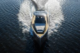 2026 Pardo Yachts 43 cruising on open water, aerial view.