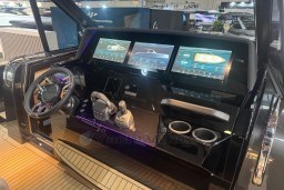 Helm of 2026 Pardo Yachts 43, featuring advanced navigation screens and controls.