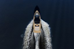 Aerial view of 2026 Pardo Yachts 43 cruising on open water.