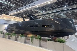 New 2026 Pardo Yachts 43 on display, sleek design, indoor exhibition setting.