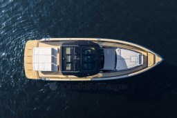 Overhead view of 2026 Pardo Yachts 43 on water, showcasing sleek design and spacious deck.