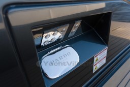 Close-up of 2026 Pardo Yachts 43 detail with logo and control panel.