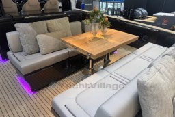 Luxurious seating area on 2026 Pardo Yachts 43, featuring elegant cushions and ambient lighting.