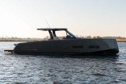 2026 Pardo Yachts 43 cruising on calm waters at sunset.
