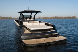 2026 Pardo Yachts 43 luxury yacht on calm water, showcasing sleek design and spacious deck.