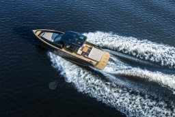 Aerial view of 2026 Pardo Yachts 43 cruising on open water.