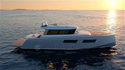 2025 Pardo Yachts GT 52 cruising at sunset on calm ocean waters.