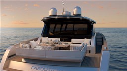 2025 Pardo Yachts GT 52 luxury yacht with elegant deck seating at sunset.
