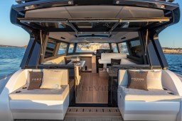 2025 Pardo Yachts GT 52 interior, luxurious seating, open deck, ocean view.