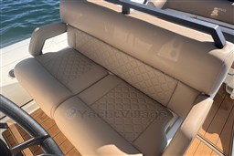 Luxurious seating on 2026 Brig Eagle 8 boat with quilted upholstery and armrests.