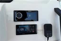 Control panel of 2026 Brig Eagle 8 with Fusion and Garmin devices.