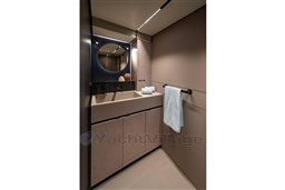 Luxurious bathroom interior of 2025 VanDutch 75 yacht with modern design and elegant fixtures.