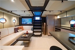Luxurious interior of 2025 VanDutch 75 yacht with modern design and elegant furnishings.