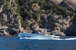 2026 Pardo Yachts 43 cruising near rocky coastline with lush greenery.