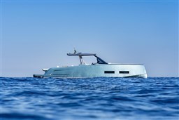 2026 Pardo Yachts 43 cruising on open sea under clear blue sky.