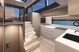Interior of Pardo Yachts GT65, modern kitchen with sea view.