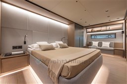 Luxurious bedroom interior of 2025 Pardo Yachts GT75, featuring modern design and elegant furnishings.