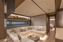 Luxurious interior of 2025 Pardo Yachts GT75, featuring elegant seating and modern design.