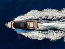 Aerial view of 2025 Pardo Yachts GT75 cruising on open water.