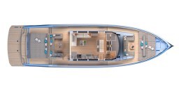 2025 Pardo Yachts GT75 top view layout, showcasing spacious deck and luxurious interior design.
