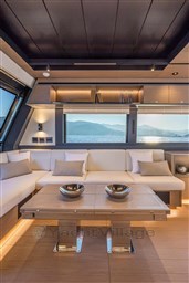 Luxurious interior of 2025 Pardo Yachts GT75 with elegant seating and scenic ocean view.