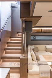 Interior of 2025 Pardo Yachts GT75, featuring modern staircase and luxurious seating area.