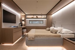 Luxurious interior of 2025 Pardo Yachts GT75, featuring modern bedroom design and elegant furnishings.