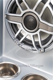 Close-up of a speaker and cup holders on a 2024 VanDutch 40 yacht.